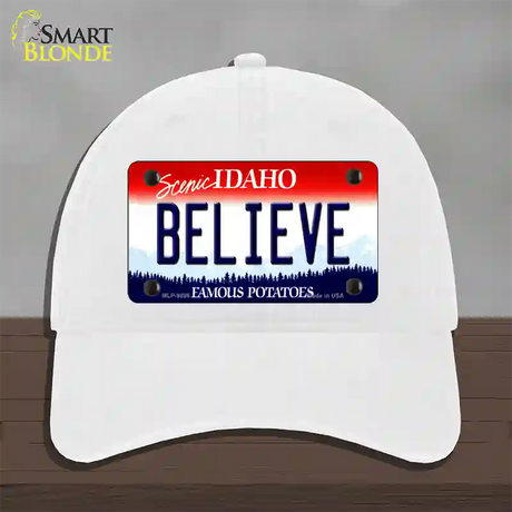 Believe Idaho Novelty License Plate Hat Unconstructed Cotton / White