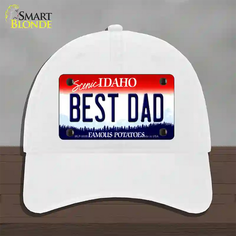 Best Dad Idaho Novelty License Plate Hat Unconstructed Cotton / White