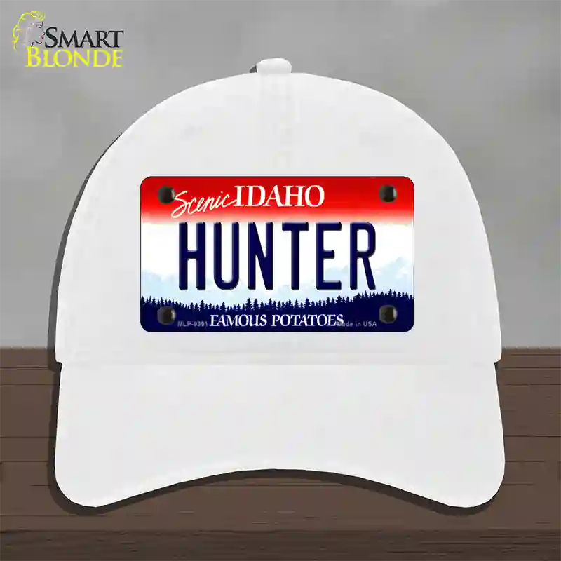 Hunter Idaho Novelty License Plate Hat Unconstructed Cotton / White