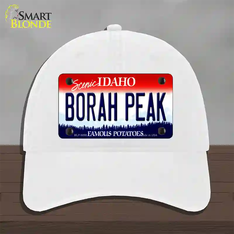 Borah Peak Idaho Novelty License Plate Hat Unconstructed Cotton / White