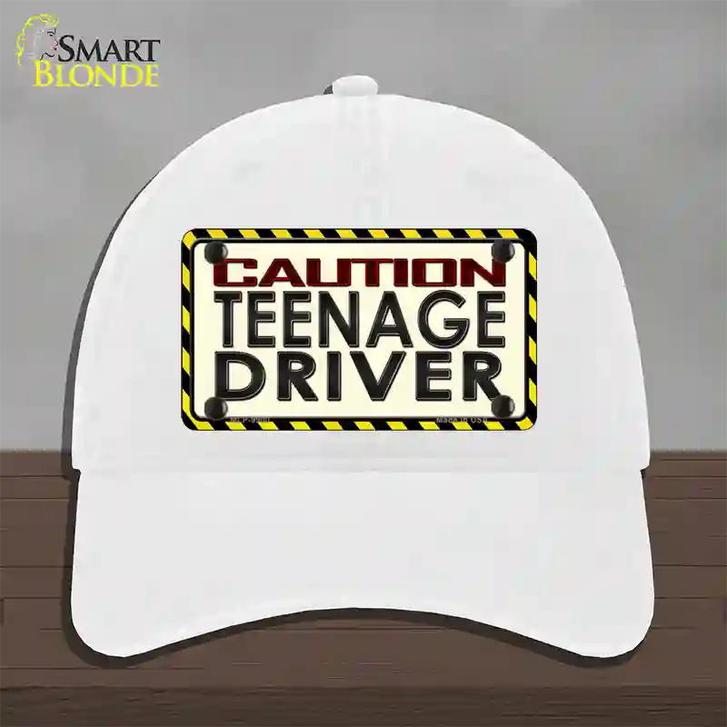 Caution Teenage Driver Novelty License Plate Hat Unconstructed Cotton / White