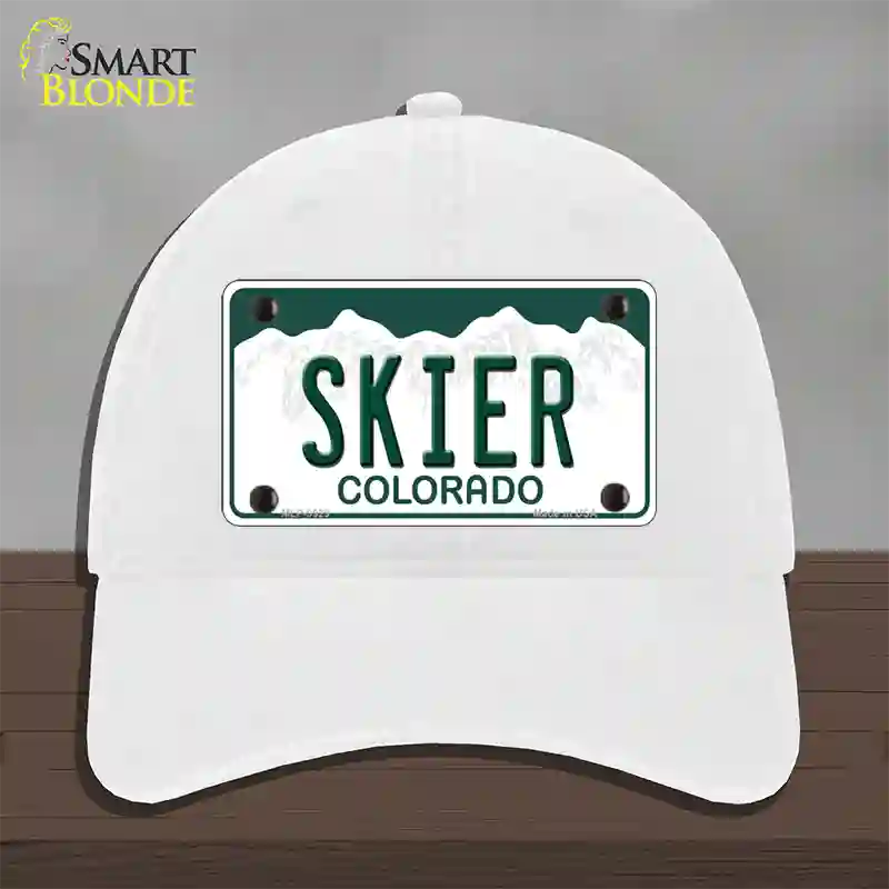 Skier Colorado Novelty License Plate Hat Unconstructed Cotton / White