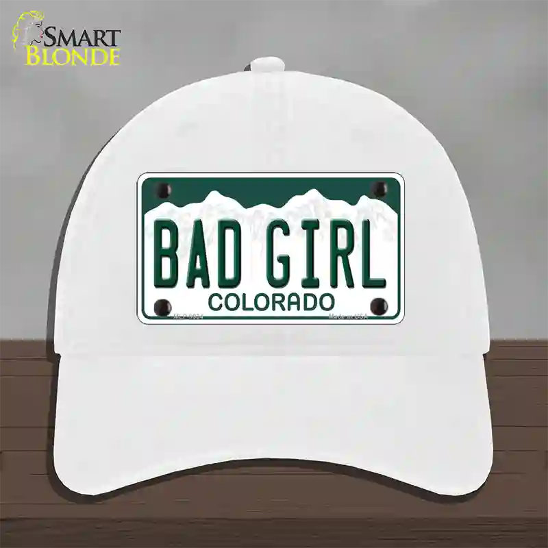 Bad Girl Colorado Novelty License Plate Hat Unconstructed Cotton / White