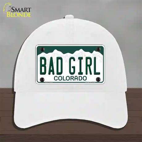 Bad Girl Colorado Novelty License Plate Hat Unconstructed Cotton / White