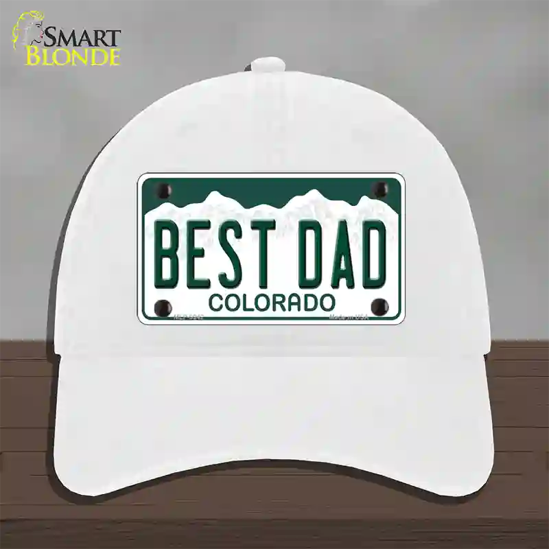 Best Dad Colorado Novelty License Plate Hat Unconstructed Cotton / White