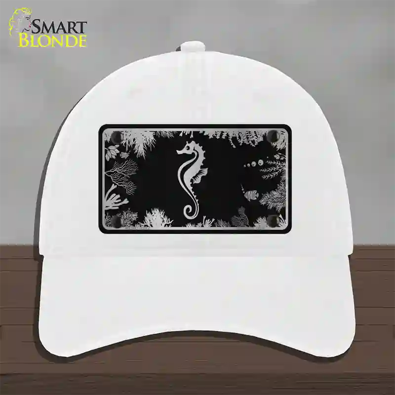 Sea Horse Black Brushed Chrome Novelty License Plate Hat Unconstructed Cotton / White