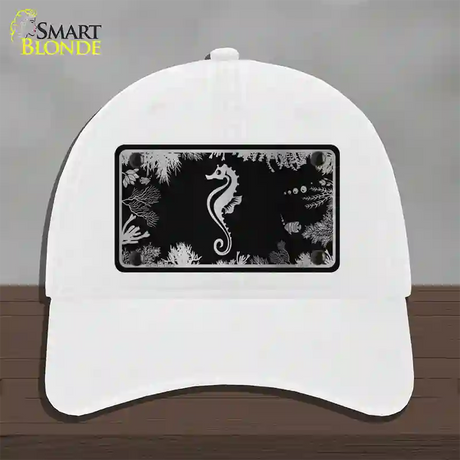 Sea Horse Black Brushed Chrome Novelty License Plate Hat Unconstructed Cotton / White