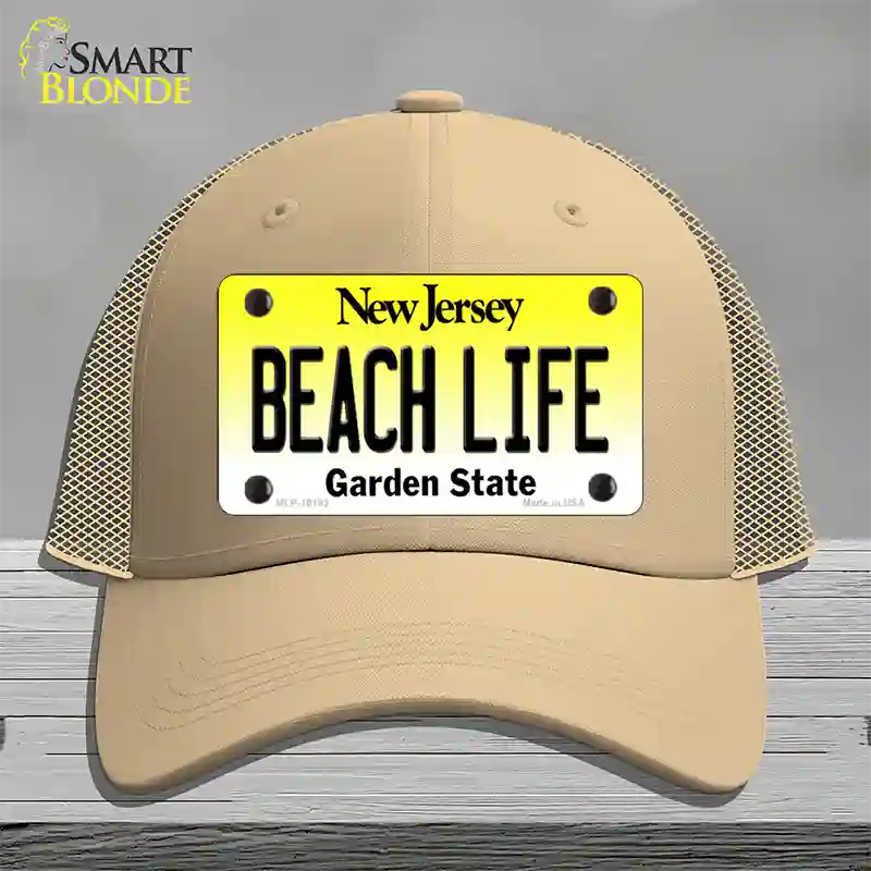 Beach Life New Jersey Novelty License Plate Hat Mesh / Khaki