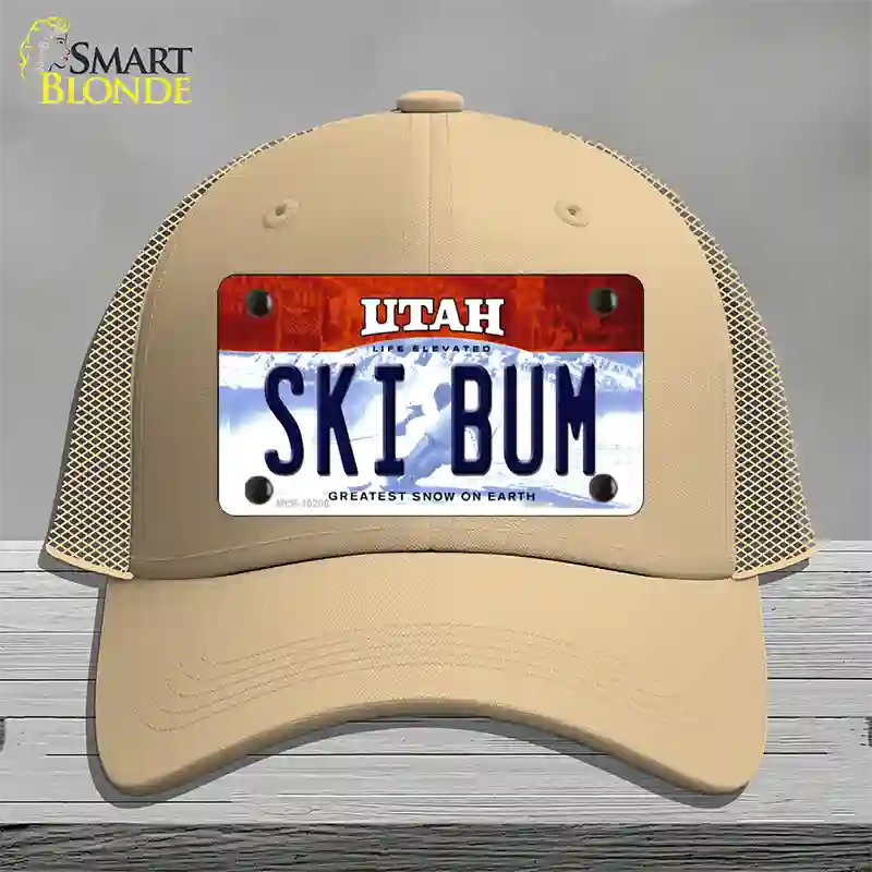 Ski Bum Utah Novelty License Plate Hat Mesh / Khaki