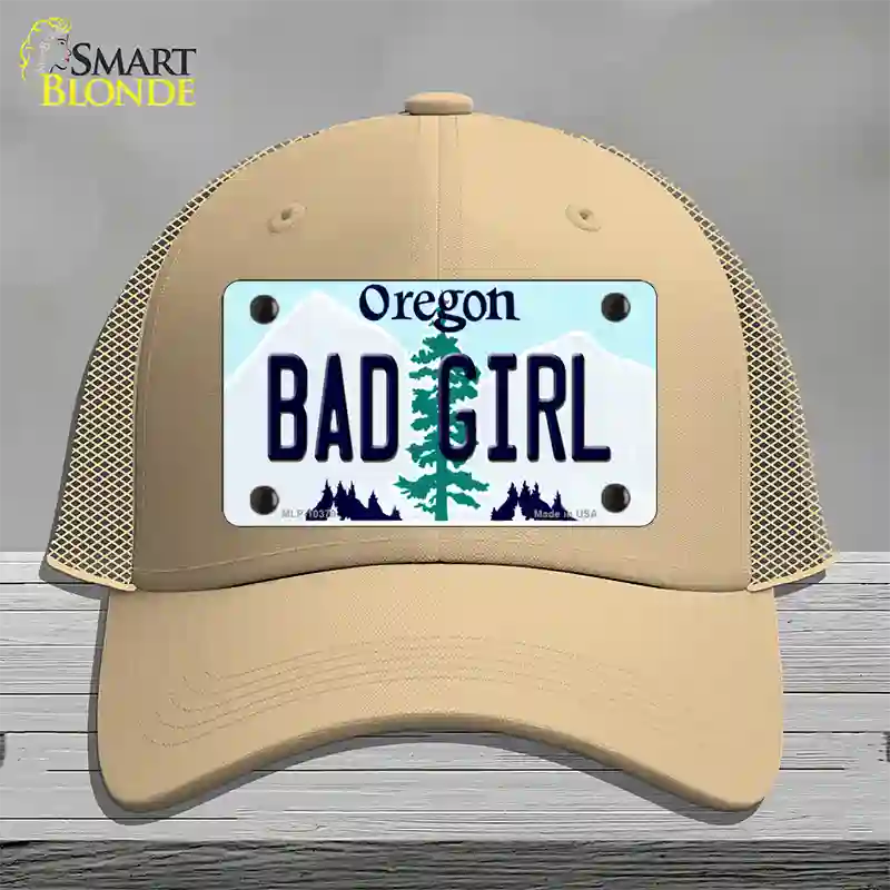 Bad Girl Oregon Novelty License Plate Hat Mesh / Khaki