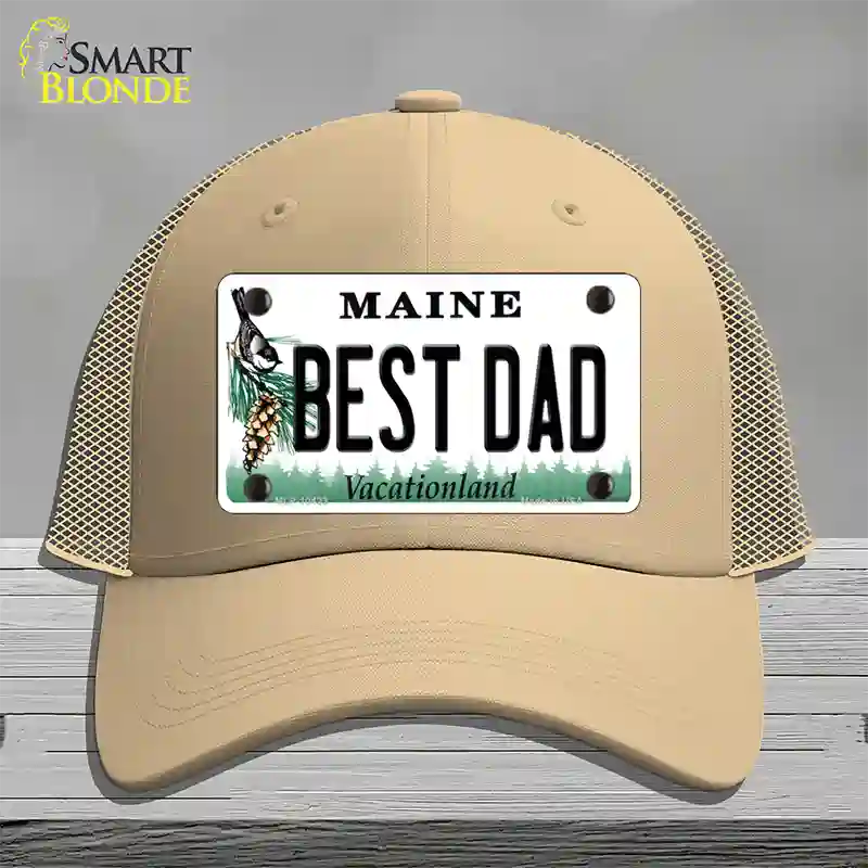 Best Dad Maine Novelty License Plate Hat Mesh / Khaki