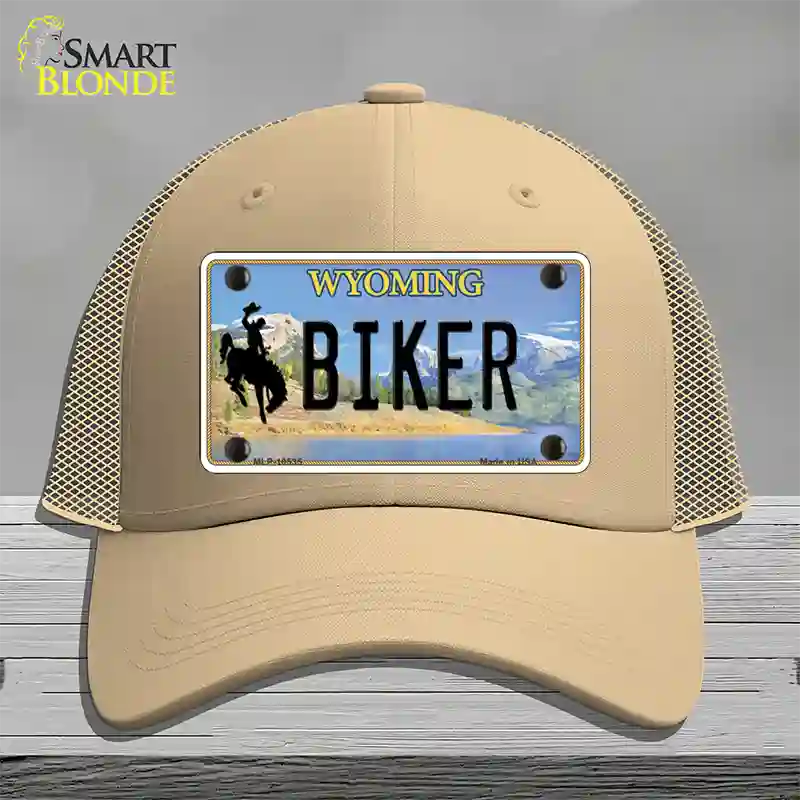 Biker Wyoming Novelty License Plate Hat Mesh / Khaki