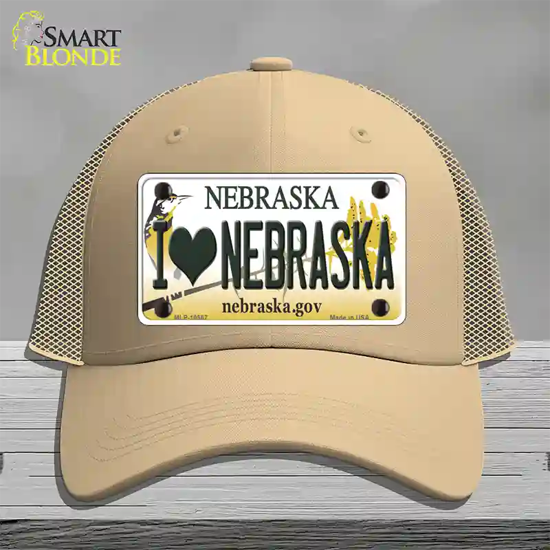 I Love Nebraska Novelty License Plate Hat Mesh / Khaki