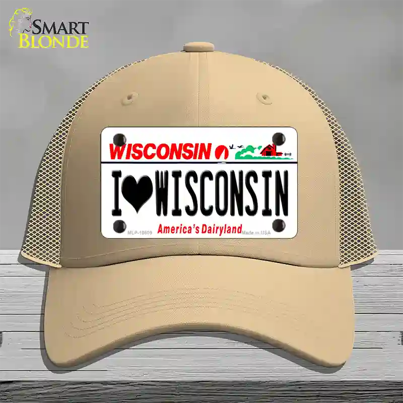 I Love Wisconsin Novelty License Plate Hat Mesh / Khaki