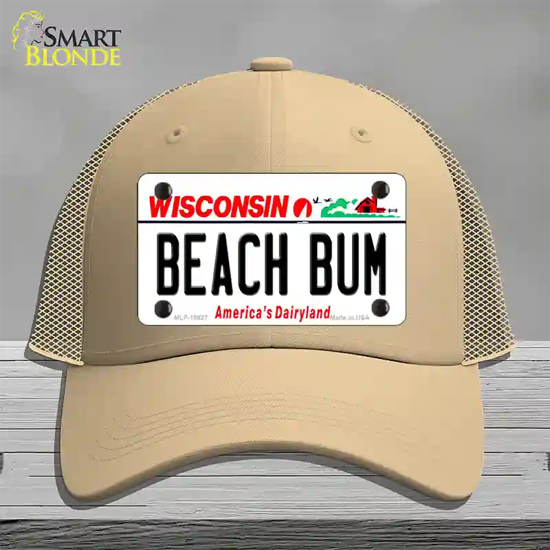 Beach Bum Wisconsin Novelty License Plate Hat Mesh / Khaki