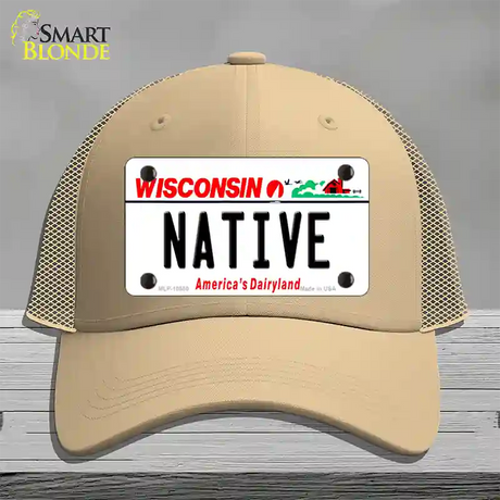 Native Wisconsin Novelty License Plate Hat Mesh / Khaki