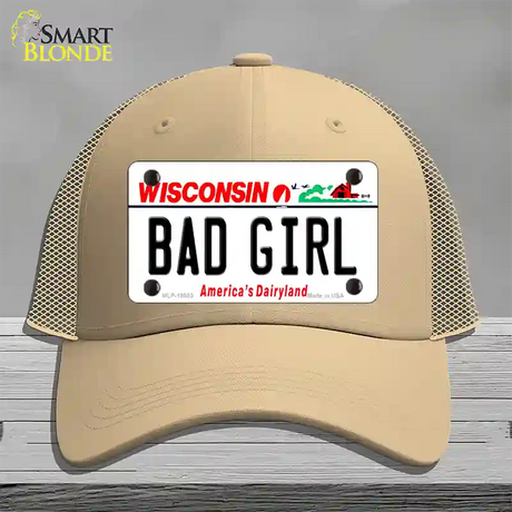 Bad Girl Wisconsin Novelty License Plate Hat Mesh / Khaki