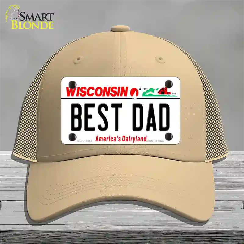 Best Dad Wisconsin Novelty License Plate Hat Mesh / Khaki