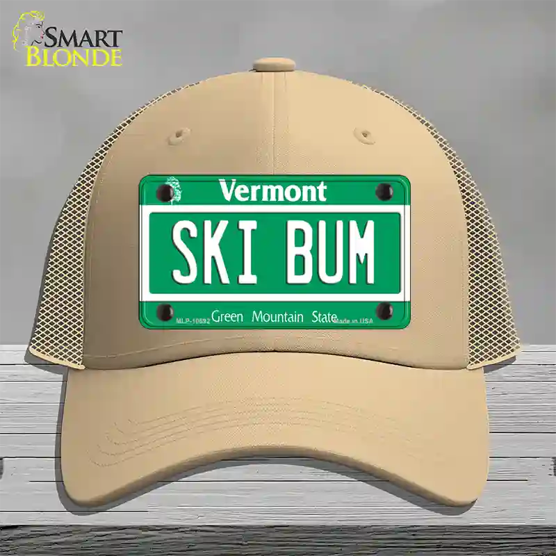 Ski Bum Vermont Novelty License Plate Hat Mesh / Khaki