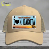 I Love North Dakota Novelty License Plate Hat Mesh / Khaki