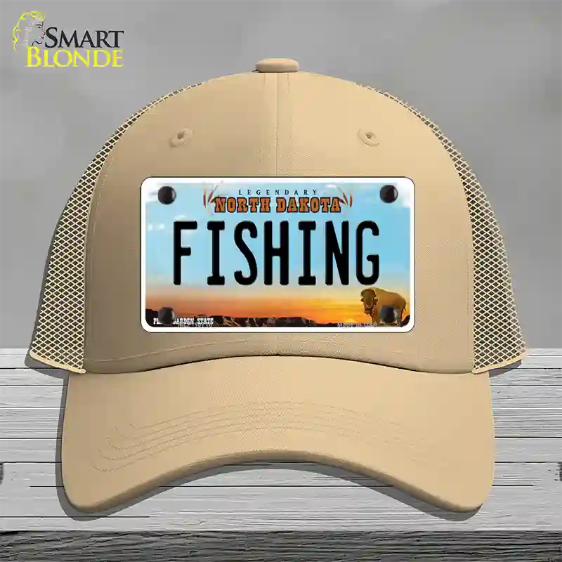 Fishing North Dakota Novelty License Plate Hat Mesh / Khaki