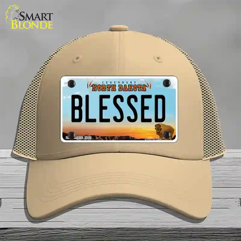 Blessed North Dakota Novelty License Plate Hat Mesh / Khaki