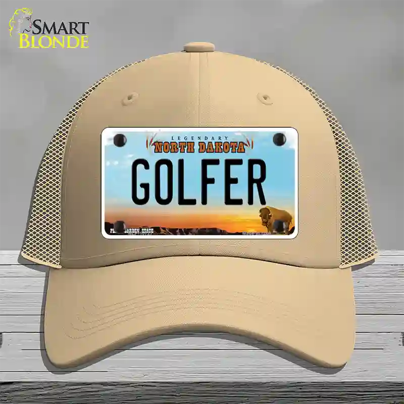 Golfer North Dakota Novelty License Plate Hat Mesh / Khaki