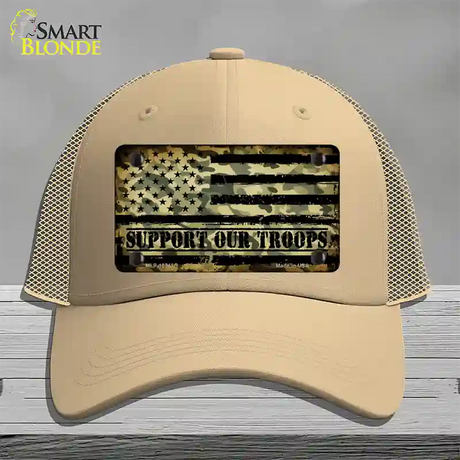 Camo American Flag Support Troops Novelty License Plate Hat Mesh / Khaki