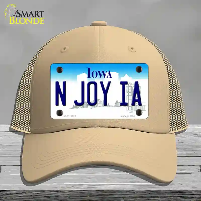 N Joy IA Iowa Novelty License Plate Hat Mesh / Khaki