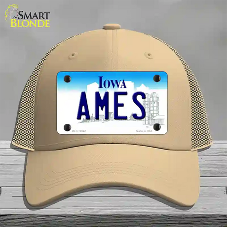 Ames Iowa Novelty License Plate Hat Mesh / Khaki