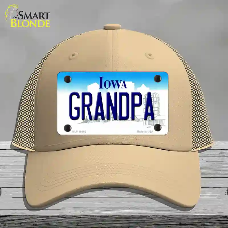 Grandpa Iowa Novelty License Plate Hat Mesh / Khaki