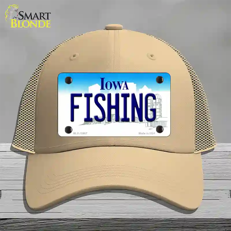 Fishing Iowa Novelty License Plate Hat Mesh / Khaki