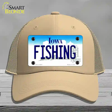 Fishing Iowa Novelty License Plate Hat Mesh / Khaki