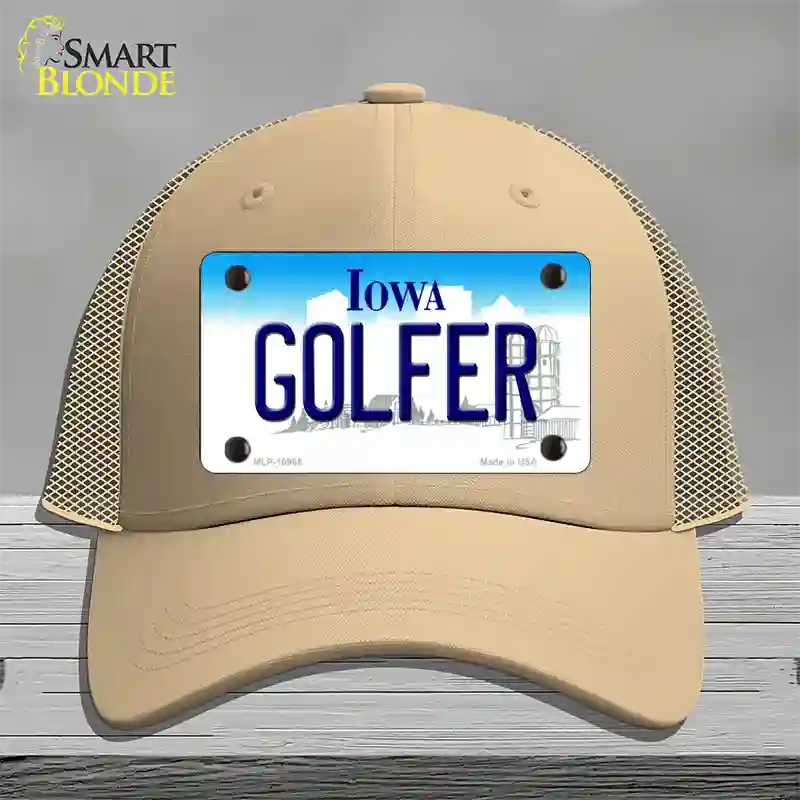 Golfer Iowa Novelty License Plate Hat Mesh / Khaki