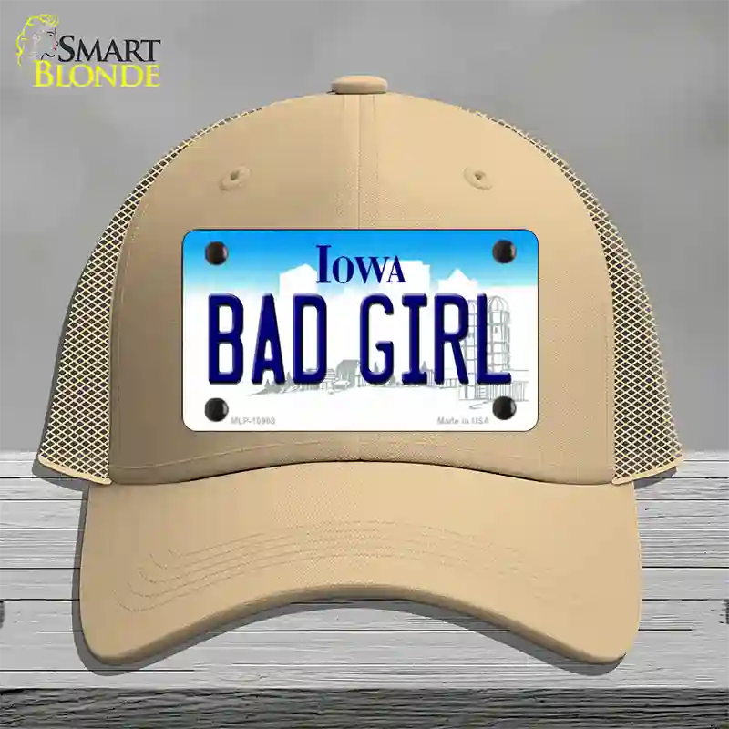 Bad Girl Iowa Novelty License Plate Hat Mesh / Khaki