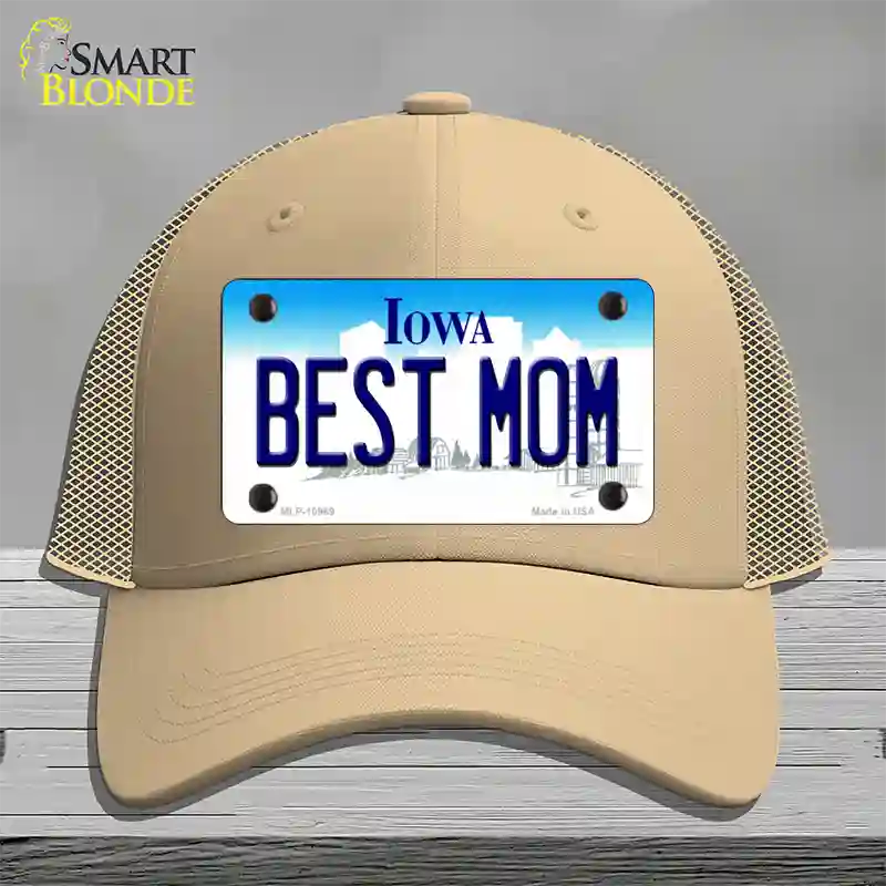 Best Mom Iowa Novelty License Plate Hat Mesh / Khaki