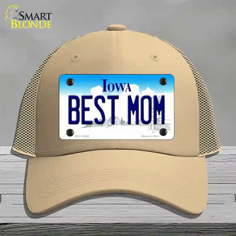 Best Mom Iowa Novelty License Plate Hat Mesh / Khaki