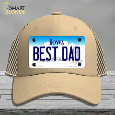 Best Dad Iowa Novelty License Plate Hat Mesh / Khaki