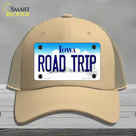 Road Trip Iowa Novelty License Plate Hat Mesh / Khaki