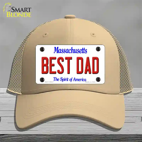 Best Dad Massachusetts Novelty License Plate Hat Mesh / Khaki