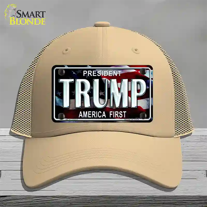 Trump America First Novelty License Plate Hat Mesh / Khaki