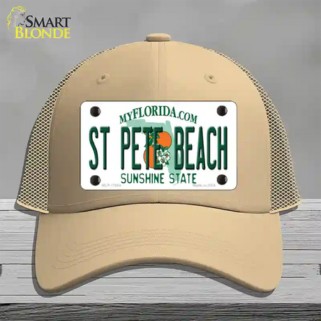 St Pete Beach Florida Novelty License Plate Hat Mesh / Khaki