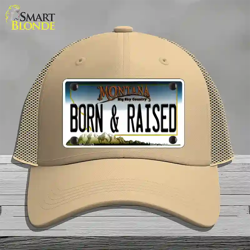 Born and Raised Montana State Novelty License Plate Hat Mesh / Khaki