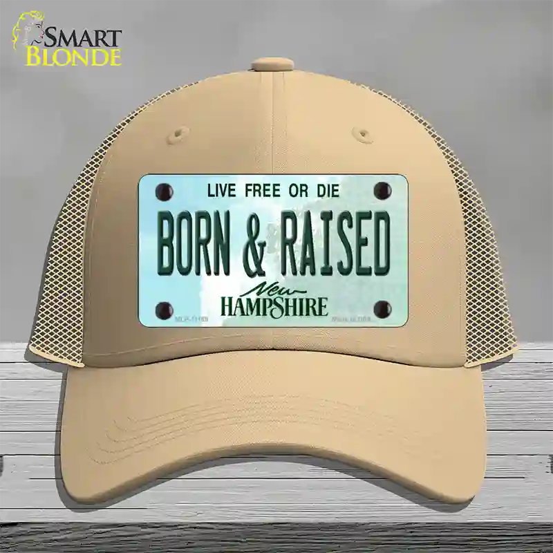 Born and Raised New Hampshire State Novelty License Plate Hat Mesh / Khaki