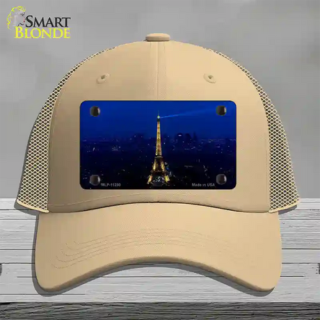 Eiffel Tower Night With City Skyline Novelty License Plate Hat Mesh / Khaki