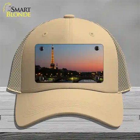 Eiffel Tower Night With River and Bridge Novelty License Plate Hat Mesh / Khaki