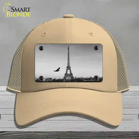 Eiffel Tower Black and White With Bird Novelty License Plate Hat Mesh / Khaki