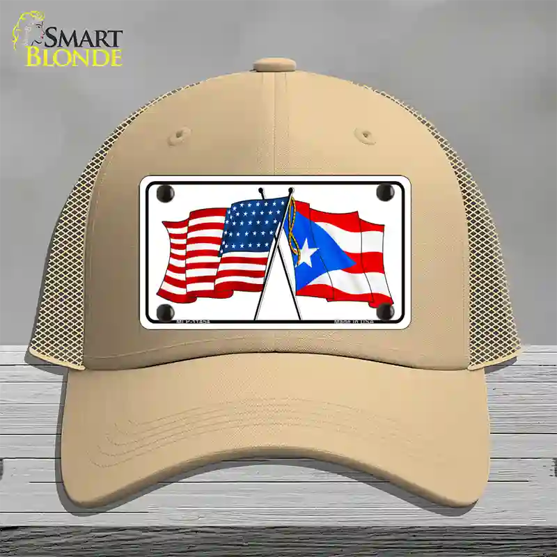 Puerto Rico Crossed US Flag Novelty License Plate Hat Mesh / Khaki