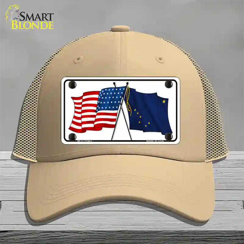 Alaska Crossed US Flag Novelty License Plate Hat Mesh / Khaki