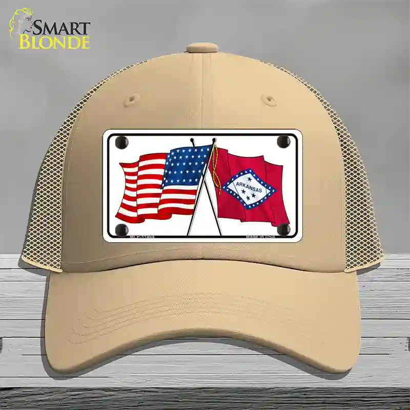 Arkansas Crossed US Flag Novelty License Plate Hat Mesh / Khaki